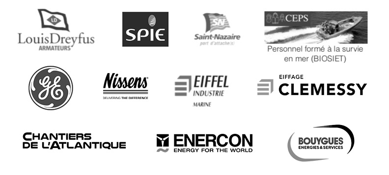 logos Louis Dreyfus, SPIE, port de Saint-Nazaire, CFPS BIOSIET, GE, Nissens, Eiffel, Clemessy, Chantiers de l'Atlantique, Enercon, Bouygues